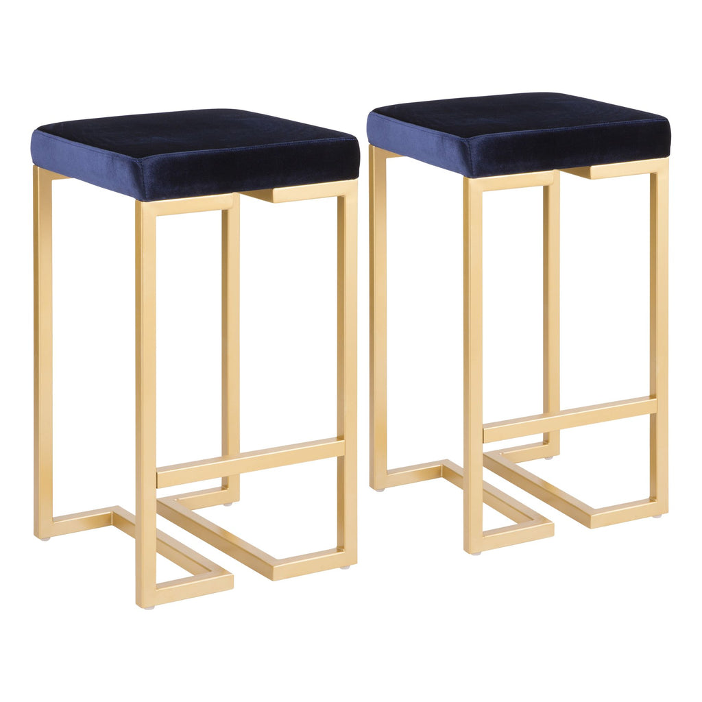 26" Contemporary- Counter Stool in Gold with Blue Velvet Cushion - Set of 2