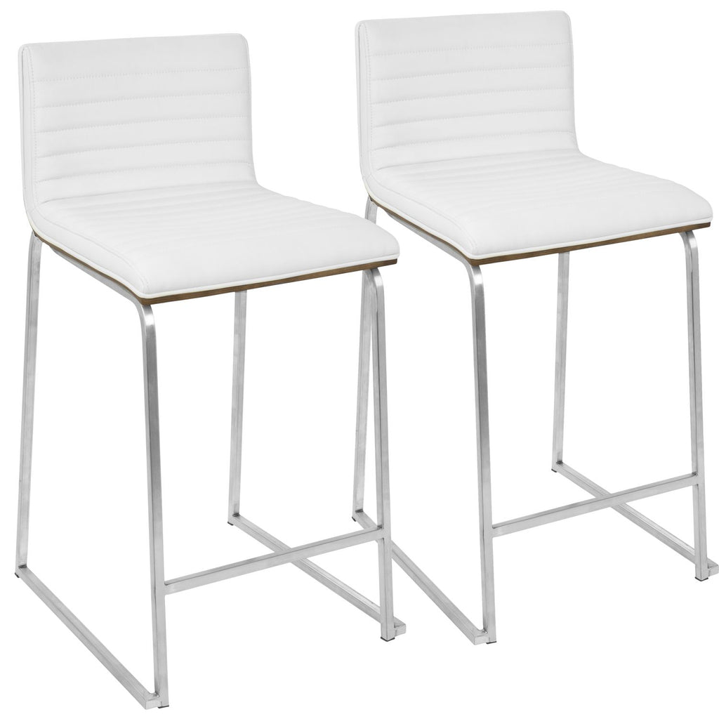 26" Contemporary Counter Stool in Brushed Stainless Steel, Walnut Wood, and White Faux Leather - Set of 2