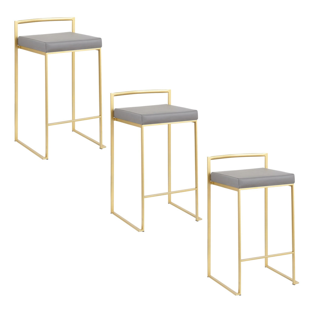 26" Contemporary Counter Stool in Gold Metal with Grey Faux Leather - Set of 3