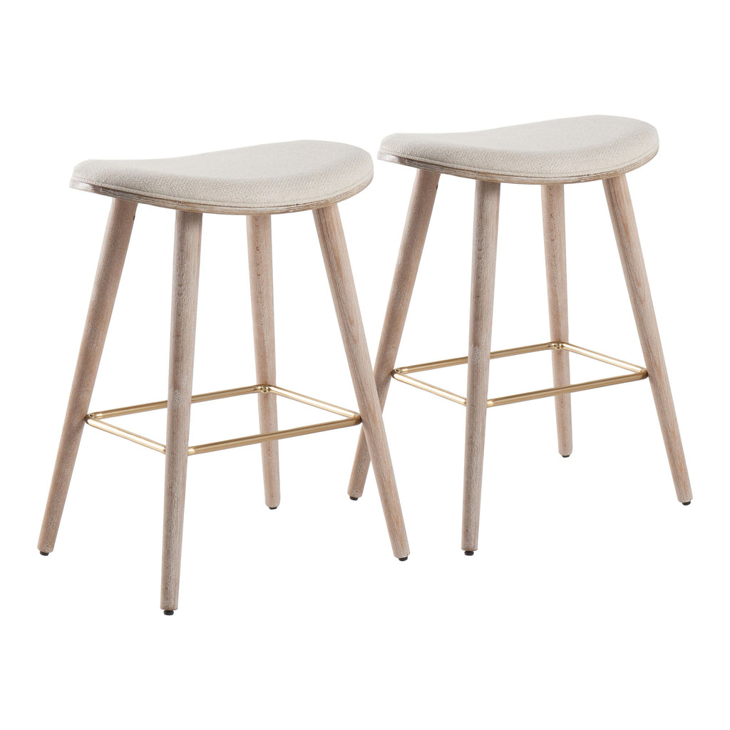 26" Contemporary Counter Stool in White Washed Wood and Cream Fabric with Gold Metal - Set of 2