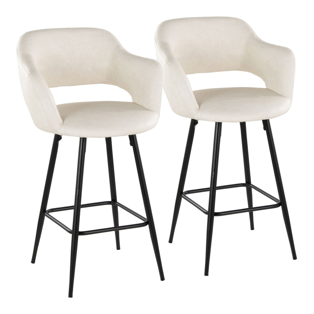 26" Contemporary Fixed-Height Counter Stool in Black Metal and Cream Faux Leather with Square Black Metal Footrest - Set of 2