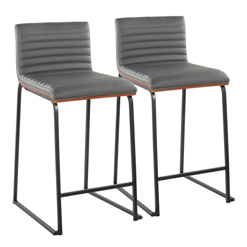 26" Contemporary Fixed-Height Counter Stool in Black Metal, Walnut Wood and Grey Faux Leather - Set of 2