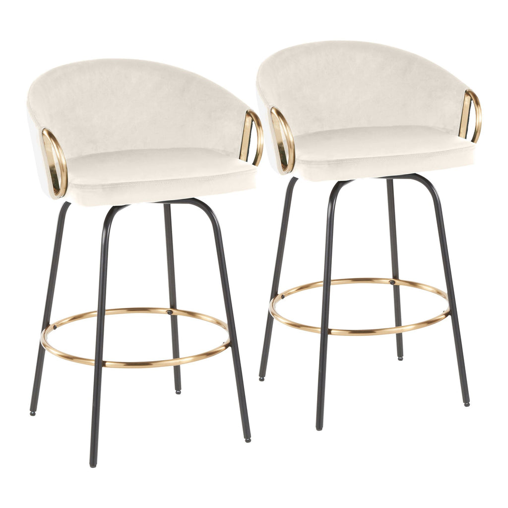 26" Contemporary Fixed Height Counter Stool with Swivel in Black Metal and Cream Velvet with Gold Metal Accents - Set of 2
