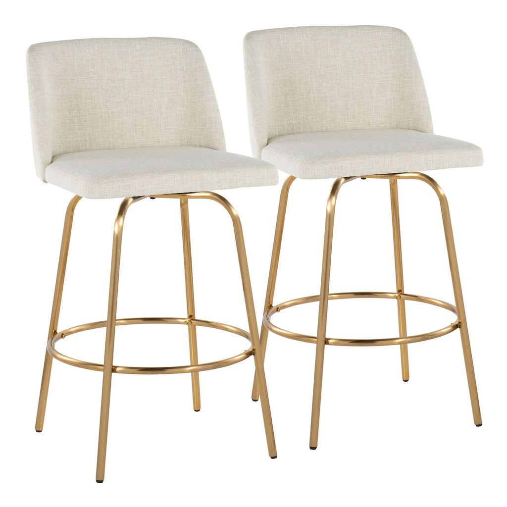 26" Contemporary Fixed-Height Counter Stool with Swivel in Cream Fabric and Gold Metal with Round Footrest - Set of 2