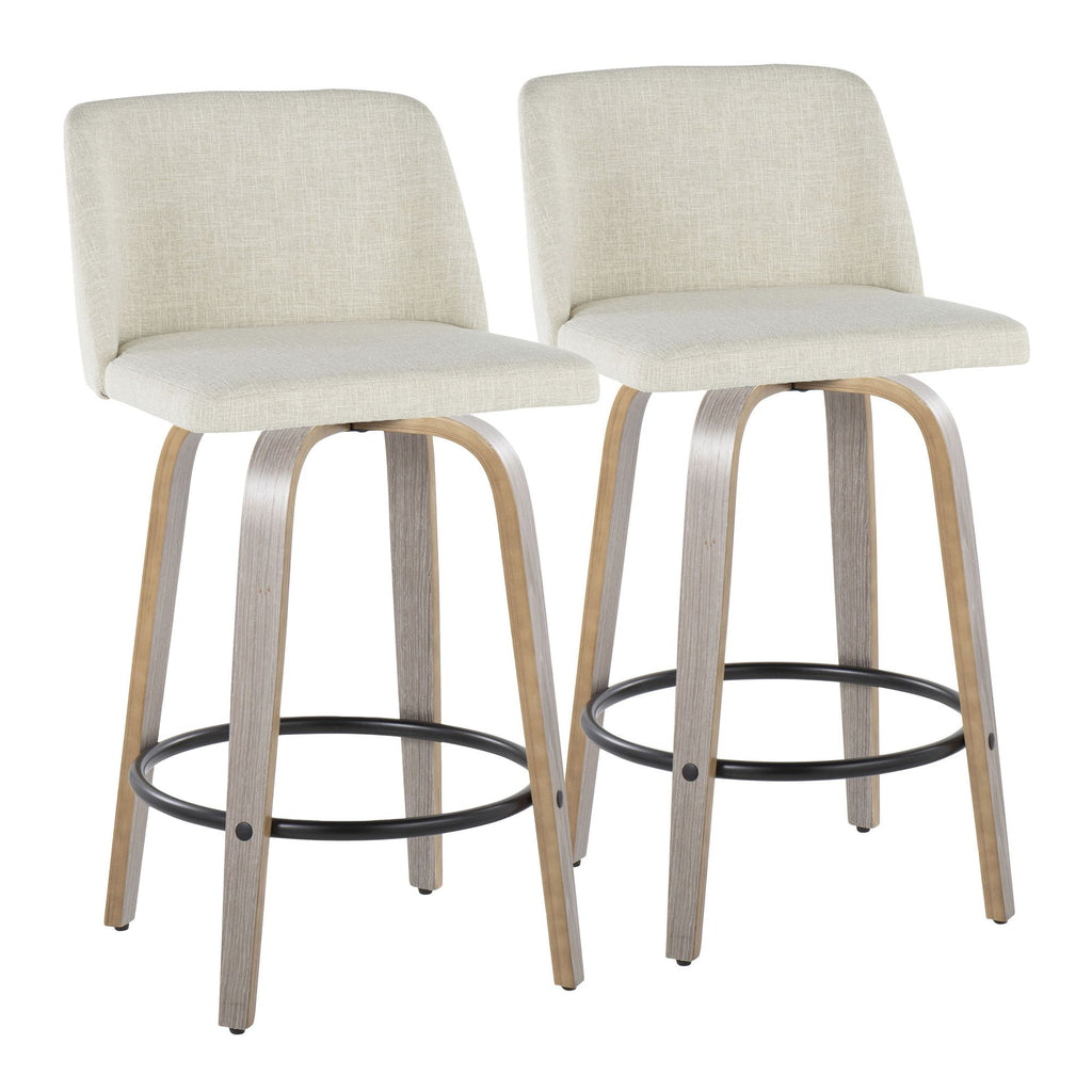 26" Contemporary Fixed-Height Counter Stool with Swivel in Light Grey Wood and Cream Fabric with Round Black Metal Footrest - Set of 2