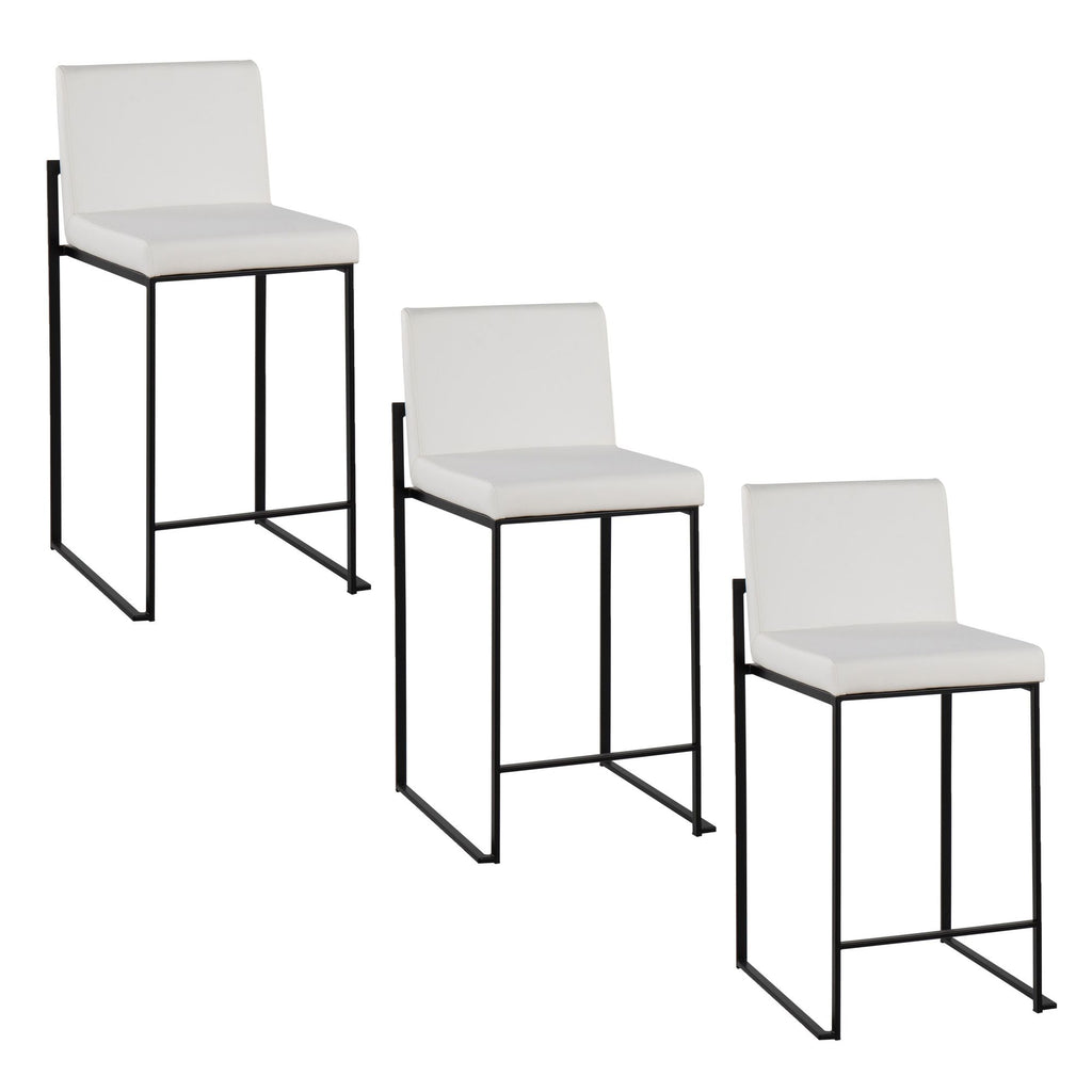 26" Contemporary High Back Counter Stool in Black Steel and White Faux Leather - Set of 3