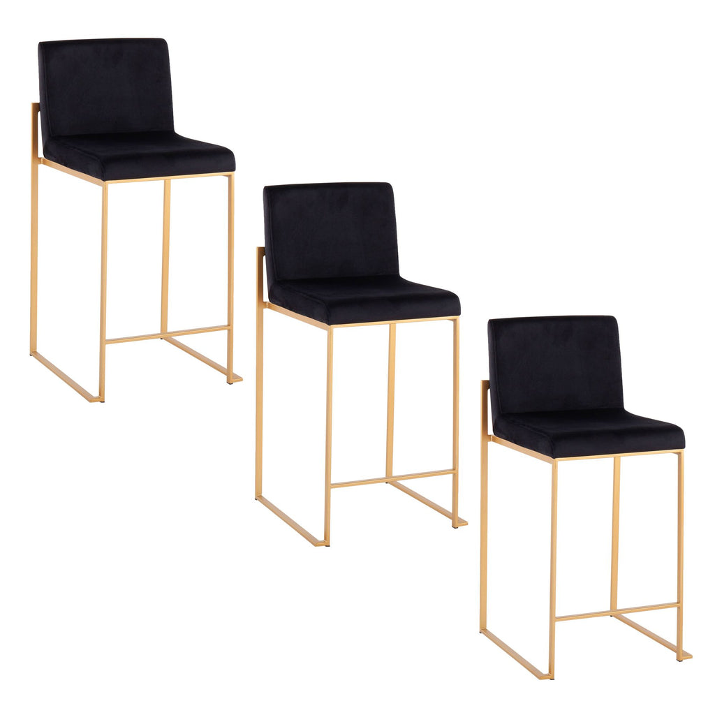 26" Contemporary High Back Counter Stool in Gold Steel and Black Velvet - Set of 3