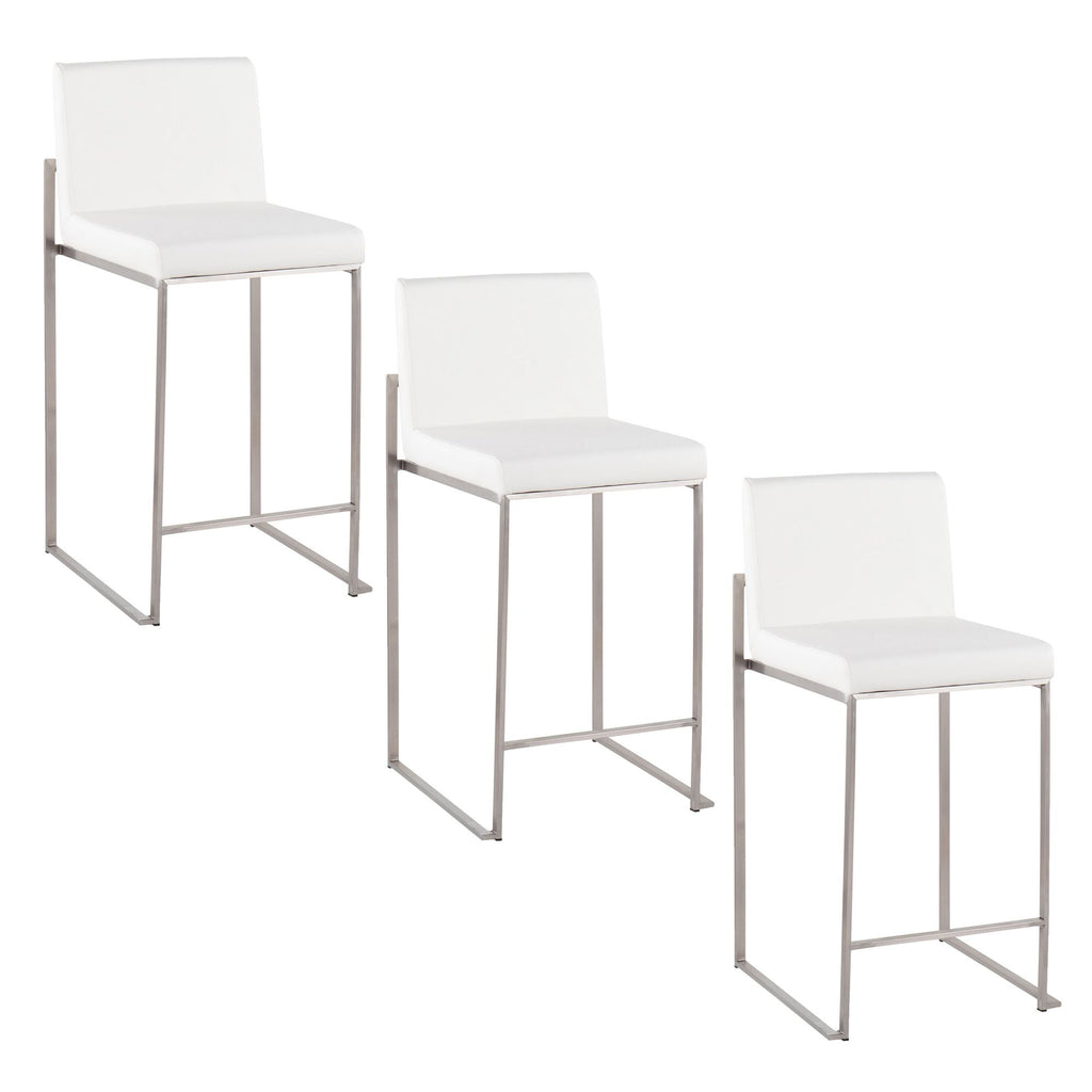 26" Contemporary High Back Counter Stool in Stainless Steel and White Faux Leather - Set of 3
