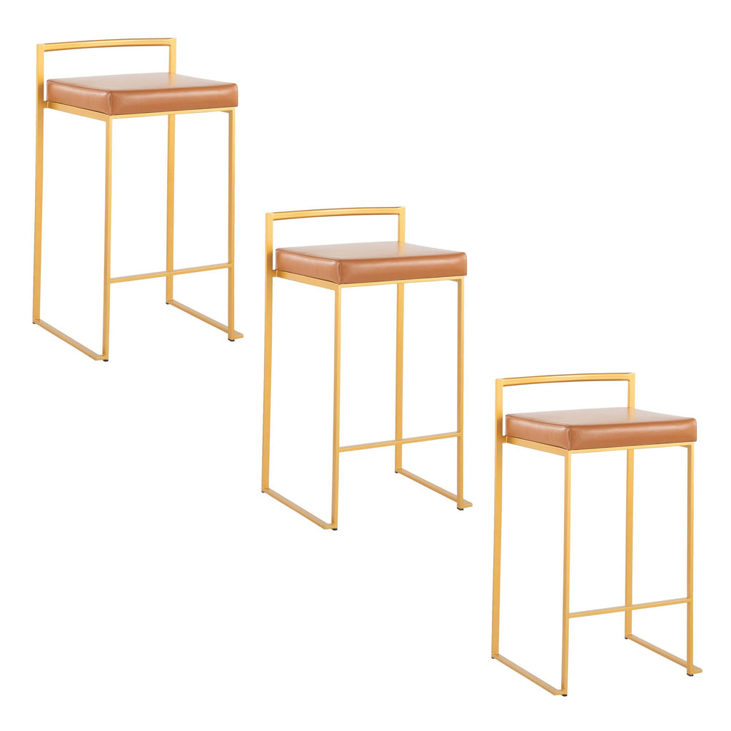 26" Contemporary Stackable Counter Stool in Gold Metal with Camel Faux Leather Cushion - Set of 3