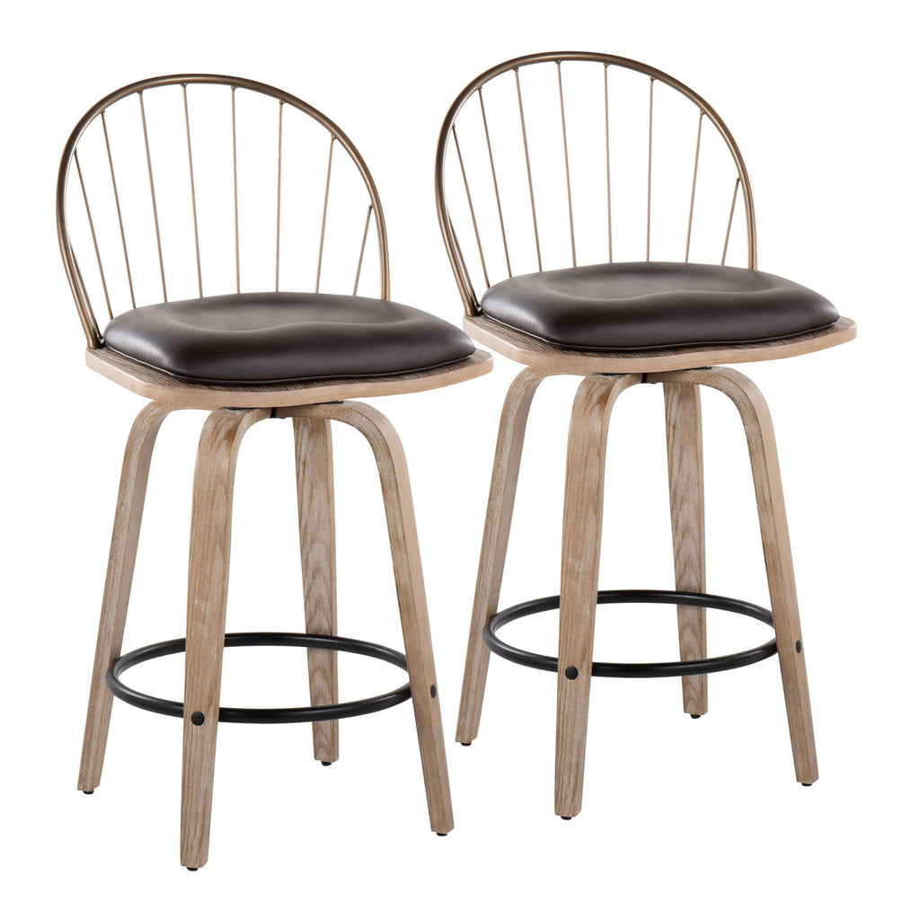 26" Fixed-Height Counter Stool in White Washed Wood, Antique Copper Metal with Removable Brown Faux Leather Cushion and Round Black Metal Footrest - Set of 2