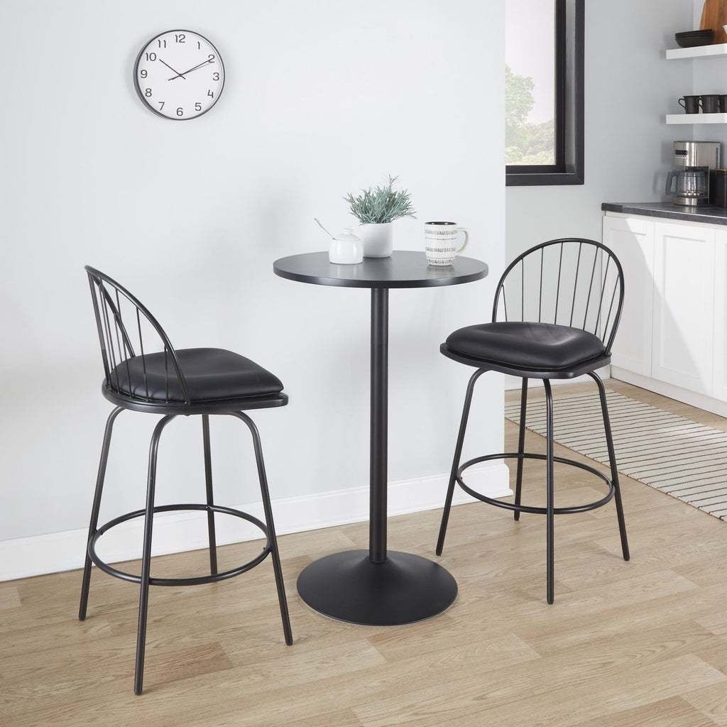 26" Fixed-Height Counter Stool with Swivel in Black Metal, Black Wood and Black Faux Leather with Round Black Metal Footrest - Set of 2
