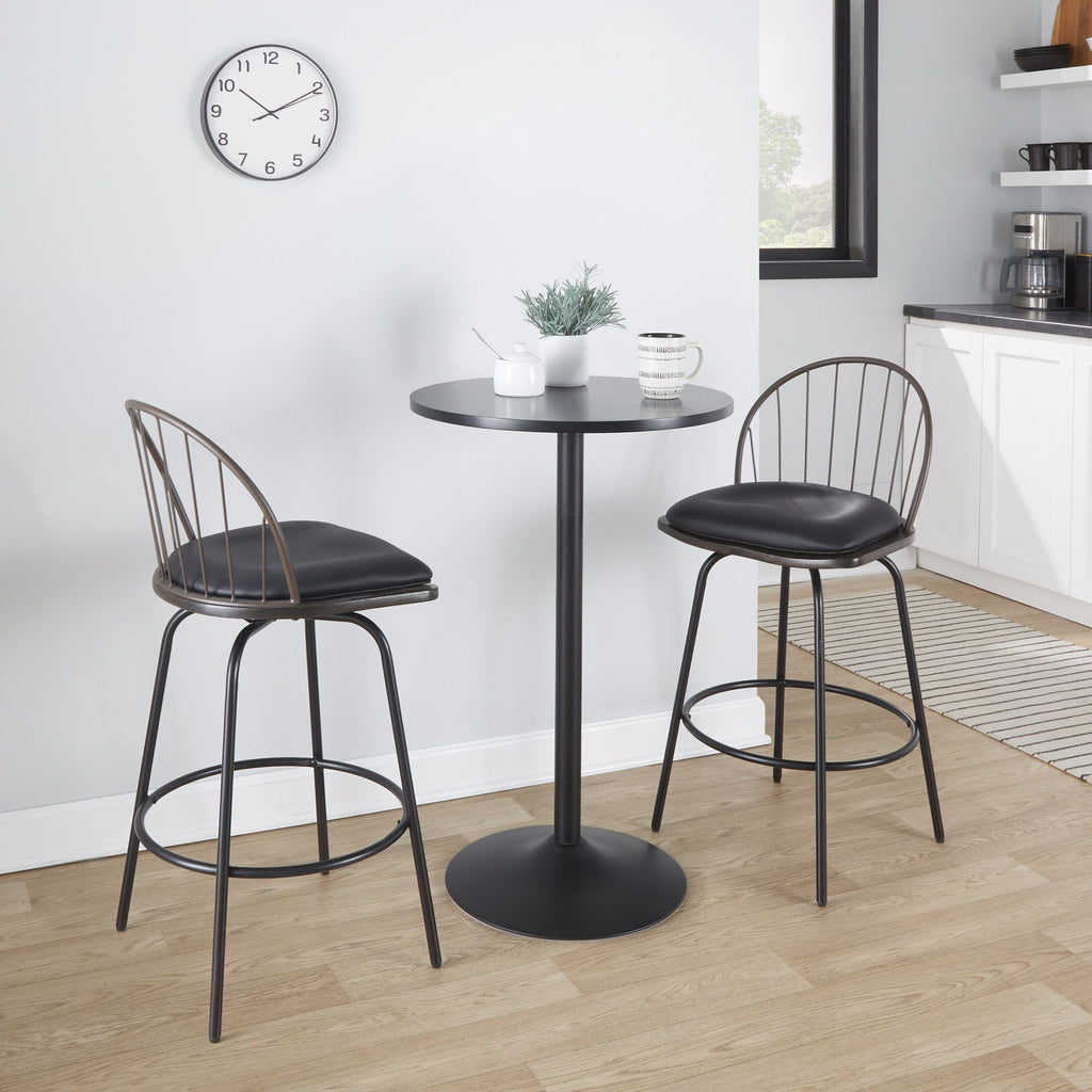 26" Fixed-Height Counter Stool with Swivel in Black Metal, Bronze Metal, Walnut Wood and Brown Faux Leather with Round Black Metal Footrest - Set of 2