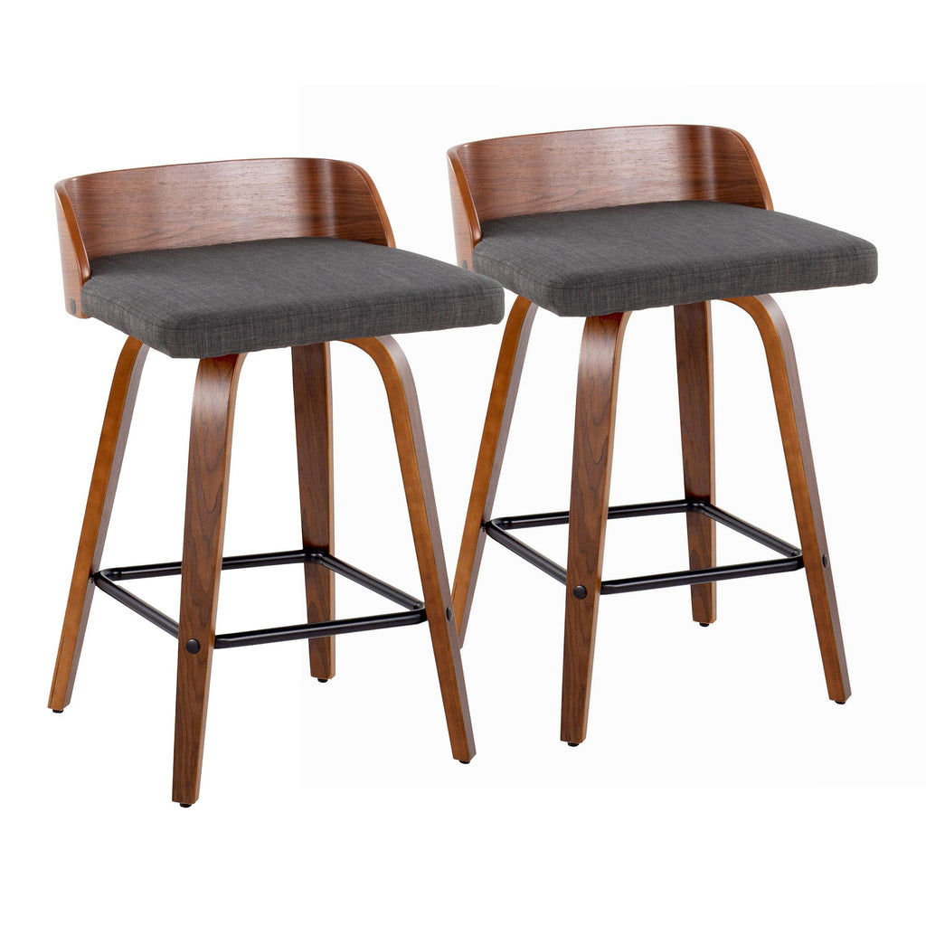 26" Mid-Century Modern Fixed-Height Counter Stool with Swivel in Walnut Wood and Charcoal Fabric with Square Black Metal Footrest - Set of 2