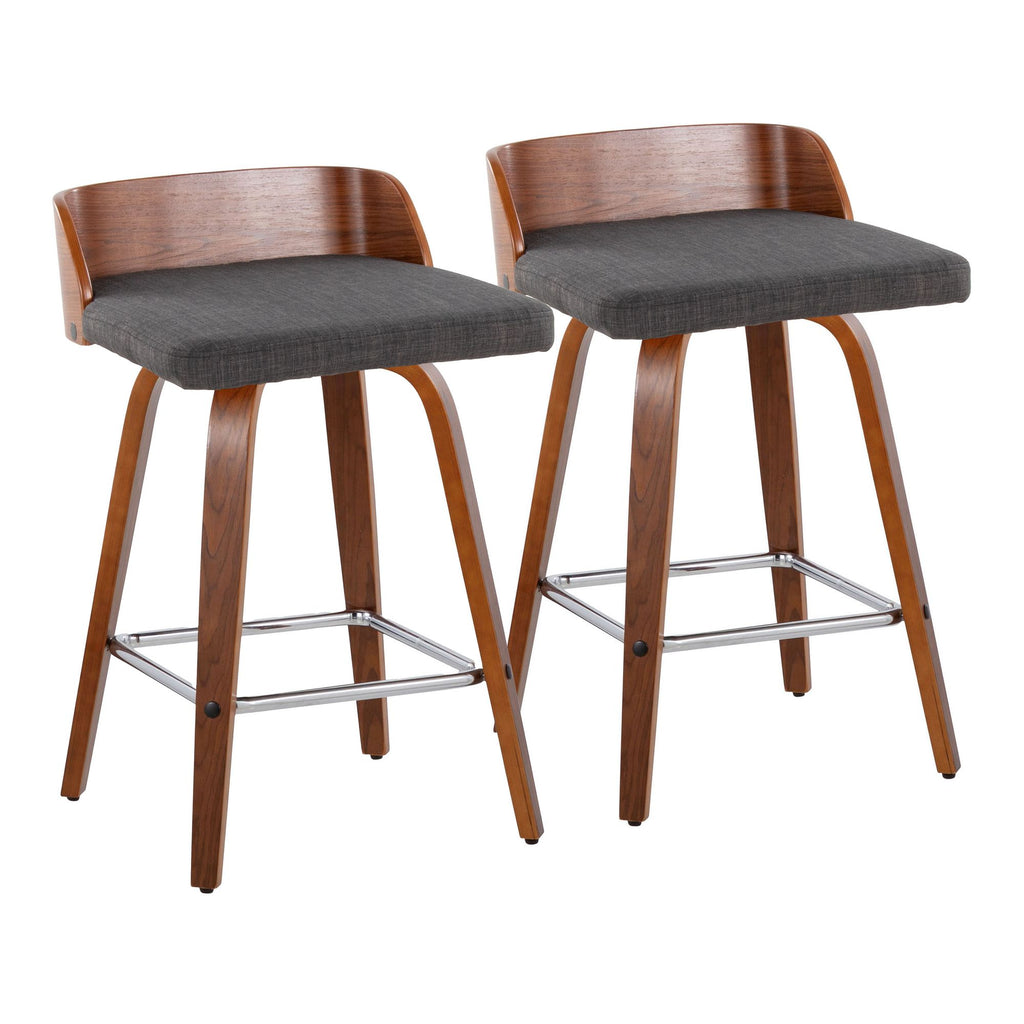 26" Mid-Century Modern Fixed-Height Counter Stool with Swivel in Walnut Wood and Charcoal Fabric with Square Chrome Metal Footrest - Set of 2
