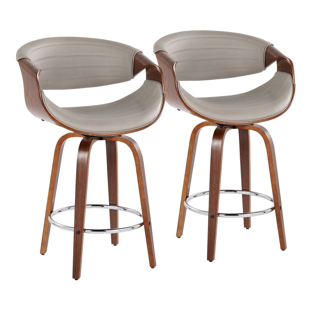 26" Mid-Century Modern Fixed-Height Counter Stool with Swivel in Walnut Wood and Grey Faux Leather with Round Chrome Metal Footrest - Set of 2