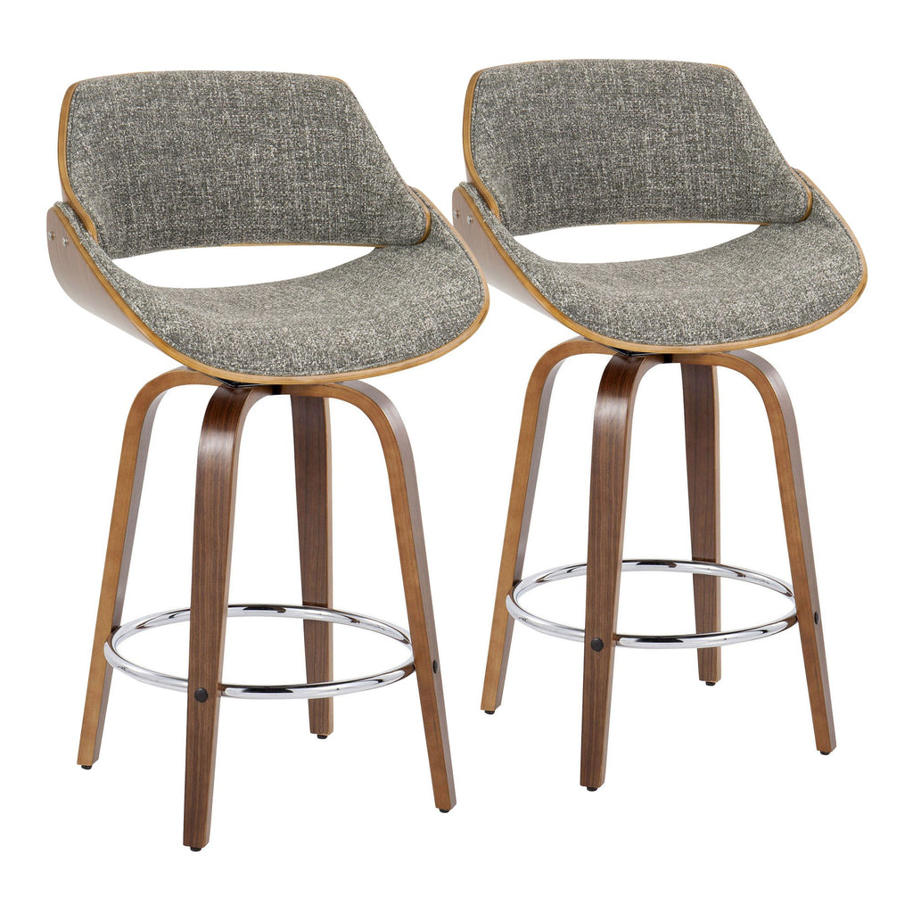 26" Mid-Century Modern Fixed-Height Counter Stool with Swivel in Walnut Wood and Noise Grey Fabric with Round Chrome Metal Footrest - Set of 2