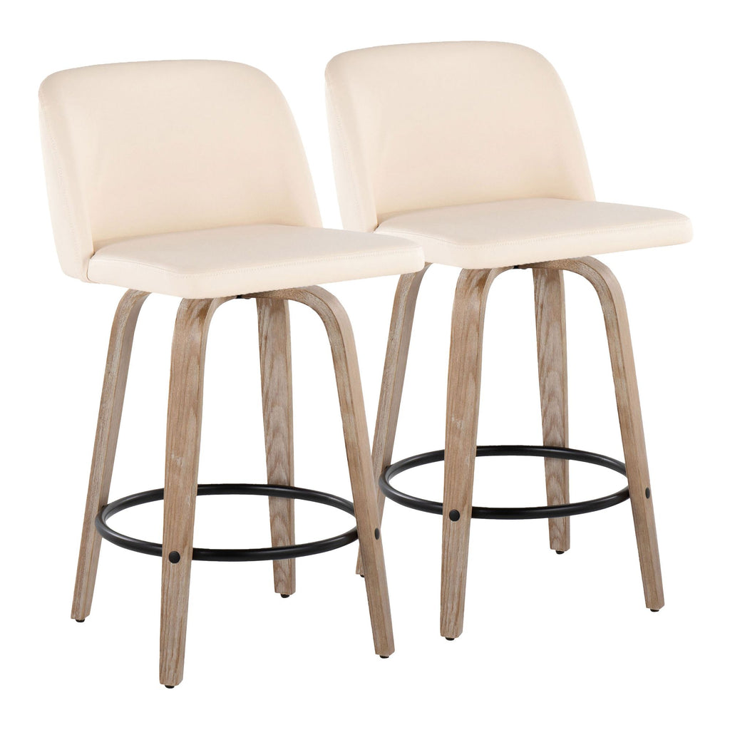 26" Mid-Century Modern Fixed Height Counter Stool with Swivel in White-Washed Wood and Cream Faux Leather with Round Black Metal Footrest - Set of 2