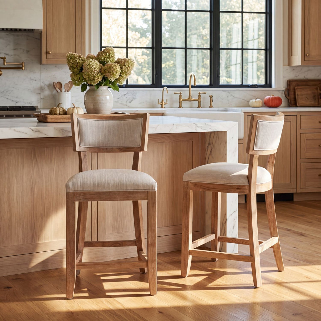 26.5" Counter Stools Set of 2, Upholstered Counter Height Bar Stools with Comfy Back, Solid Rubber Wood Frame, Backrest, Footrest, Armless Barstools for Home Bar, Kitchen Counter, Beige & Natural