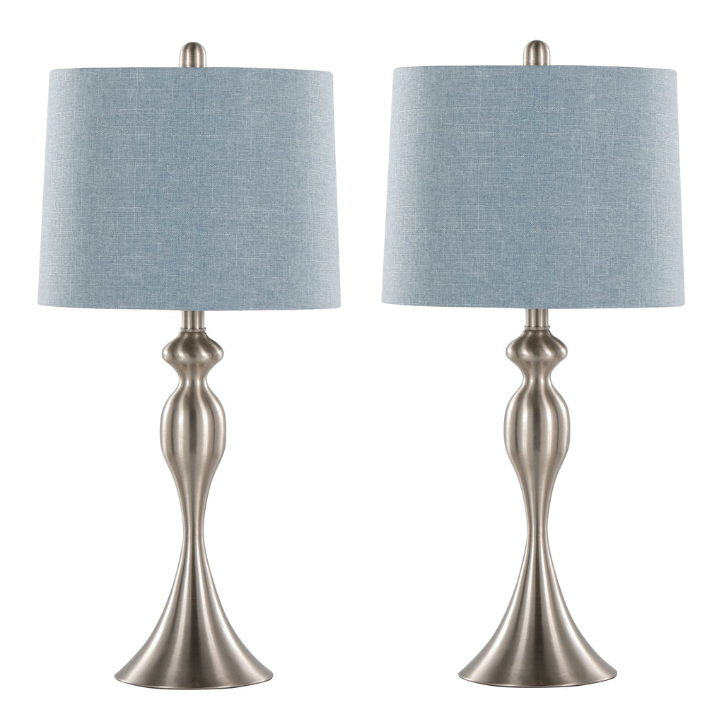 27" Contemporary Metal Table Lamp in Brushed Nickel with Light Blue Linen Shade from Grandview Gallery - Set of 2