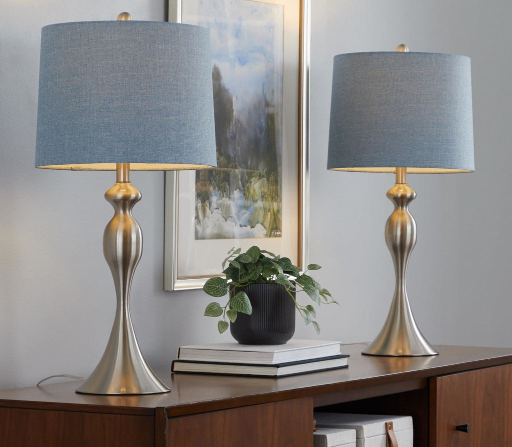 27" Contemporary Metal Table Lamp in Brushed Nickel with Light Blue Linen Shade from Grandview Gallery - Set of 2
