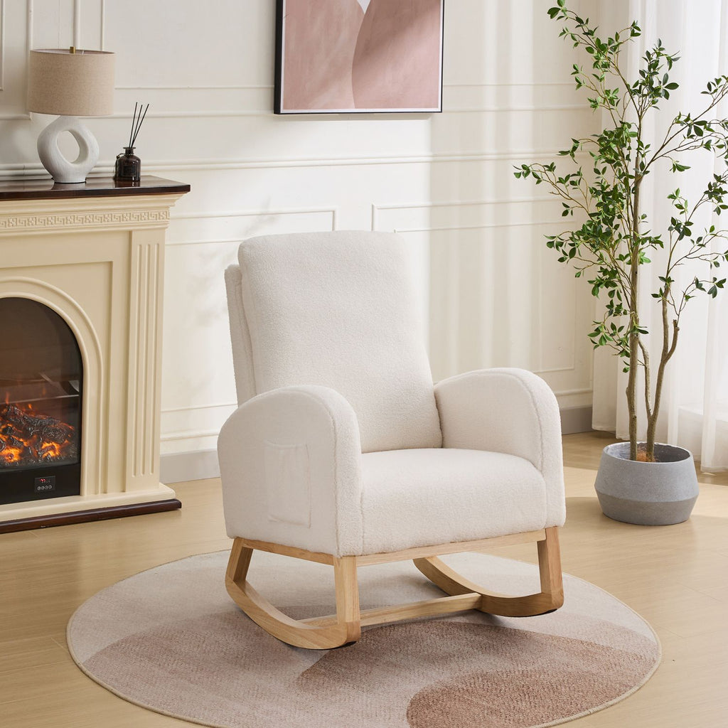 27.2"W Rocking Chair for Nursery, Sherpa Glider Chair with High Back and Side Pocket, Rocking Accent Armchair with Rubber Wood Legs for Living Room/Bedroom.Ivory