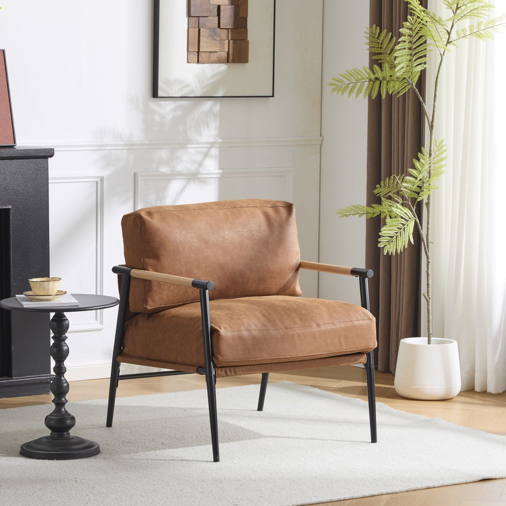 27.56" Modern Accent Chair with Plush Cushions, Minimalist Metal Frame, and Wooden Armrest Design – Perfect for Cozy Living Room, Bedroom, or Office Seating