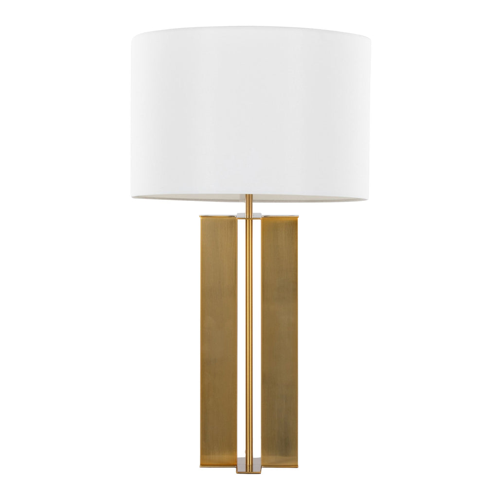 28" Metal Table Lamp in Antique Brass and White Linen