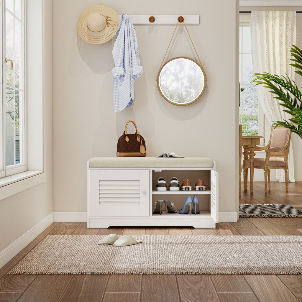 28.74"Shoe Storage Bench with 2 Door Cabinet, Entryway Bench with White Shoe Storage, Shoe Bench with Cushion, Adjustable Shelves, Shoe Rack Bench for Entryway, Hallway