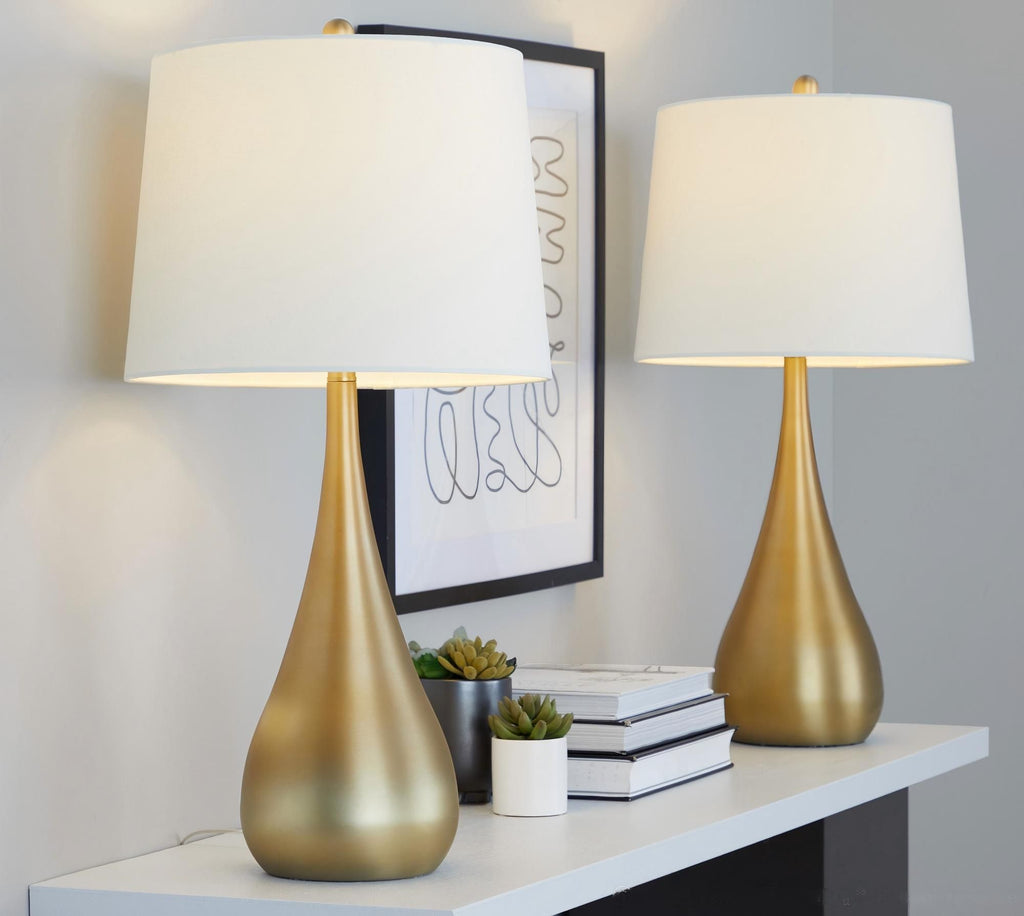 29" Contemporary Metal Table Lamp in Gold Metal with White Linen Shade from Grandview Gallery - Set of 2