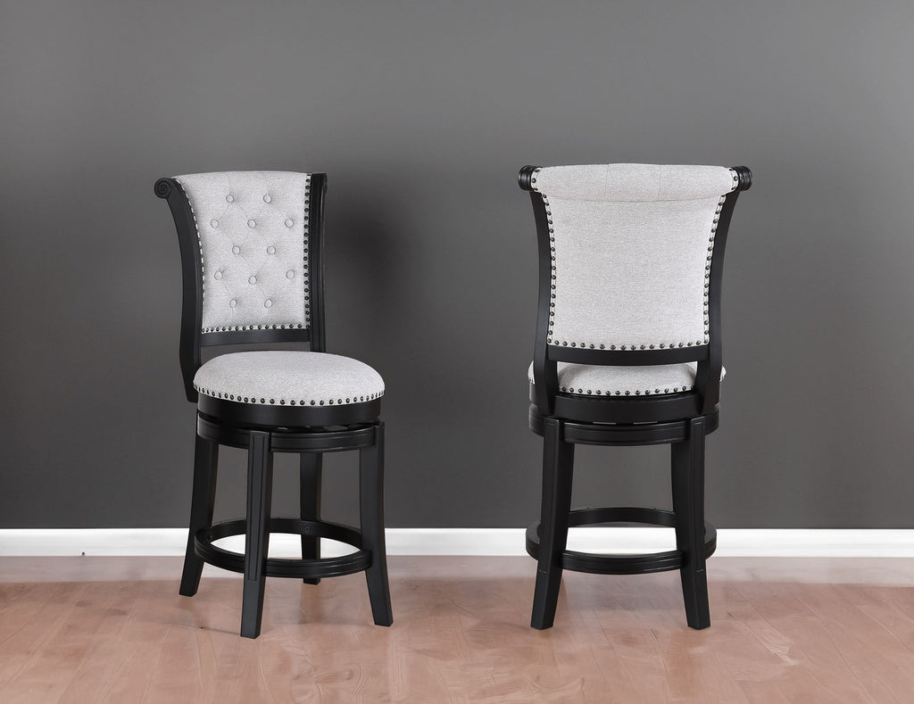 2pc Swivel Pub Stools Counter Height 24" Chair Upholstered Seat Nailhead Trim Footrest Wooden Dining Room Furniture Black/Dove