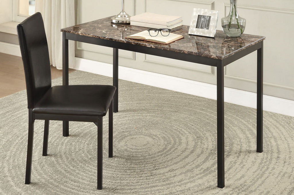 2pc Writing Desk and Chair Set Black Finish Metal Frame Faux Leather Upholstery Small Space Furniture Home Office