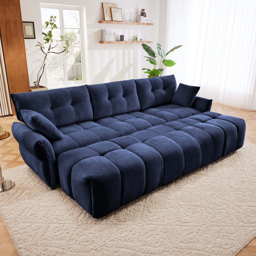 3 - Seater Sofa Set With 3 Ottomans And Pillows, Sturdy Solid Wood Frame In Elegant Textured Chenille. Ideal for Living Rooms, Lounges, Offices, Hotels, Blue