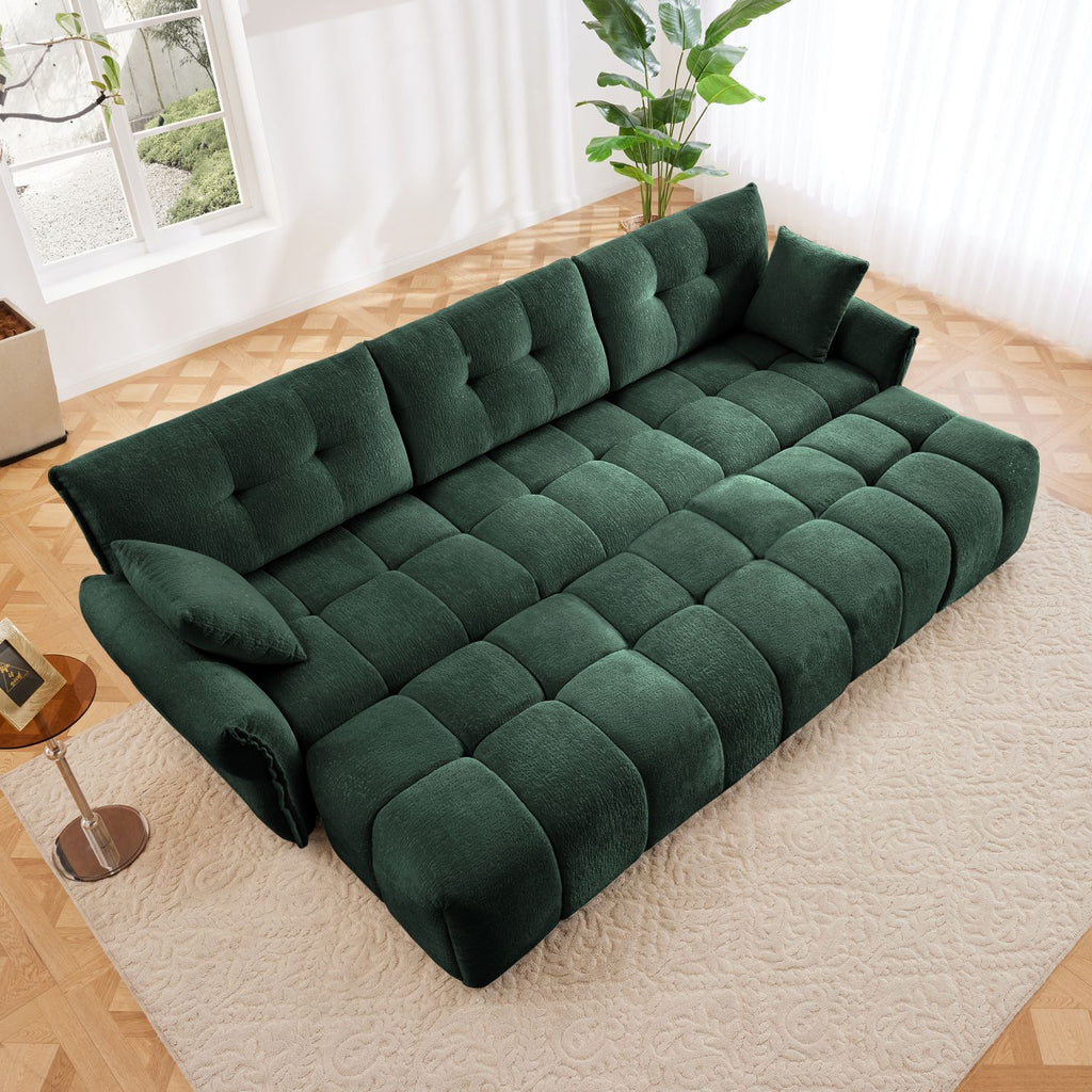 3 - Seater Sofa Set With 3 Ottomans And Pillows, Sturdy Solid Wood Frame In Elegant Textured Chenille, Ideal for Living Rooms, Lounges, Offices, Hotels,Green