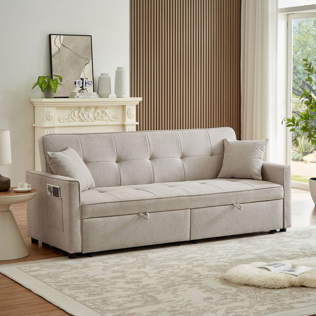 3 in 1 Convertible Sleeper Sofa Bed, Modern Fabric Loveseat Futon Sofa Couch Pullout Bed, Small Love Seat Lounge Sofa Reclining Backrest, Pillows, Pockets, Home furniture for Living Room, Beige