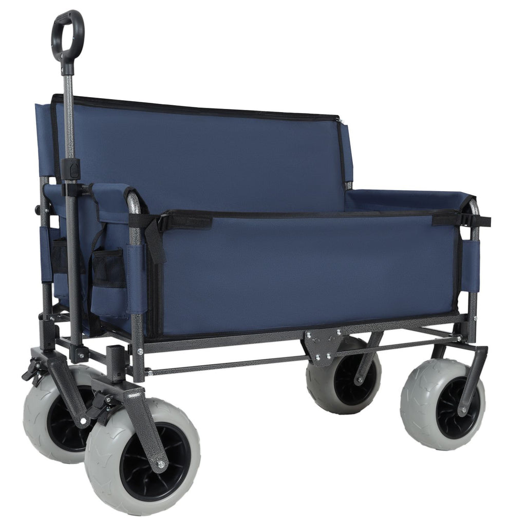 3-in-1 Folding Wagon with Bench Seat – 500lbs Capacity, 9"x4" Beach Tires for Camping & Beach, dark blue