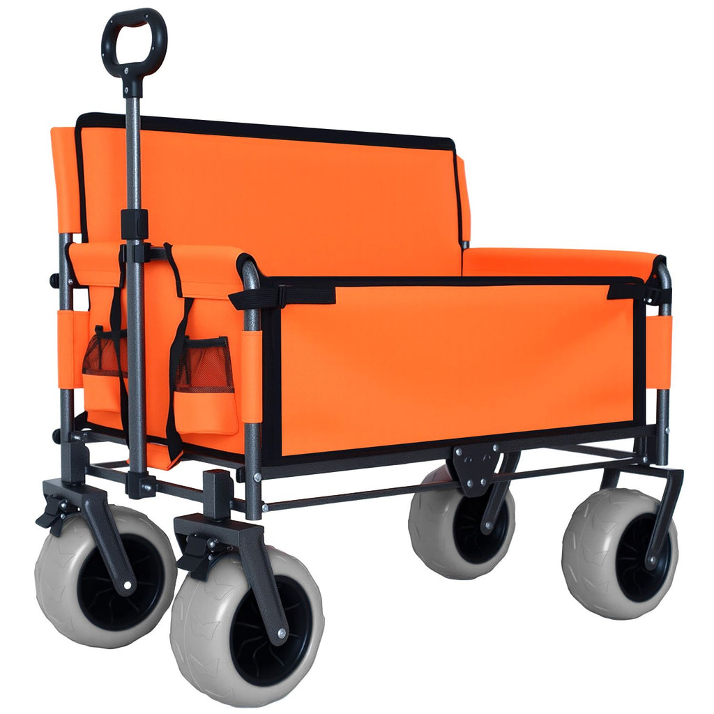 3-in-1 Folding Wagon with Bench Seat – 500lbs Capacity, 9"x4" Beach Tires for Camping & Beach, orange