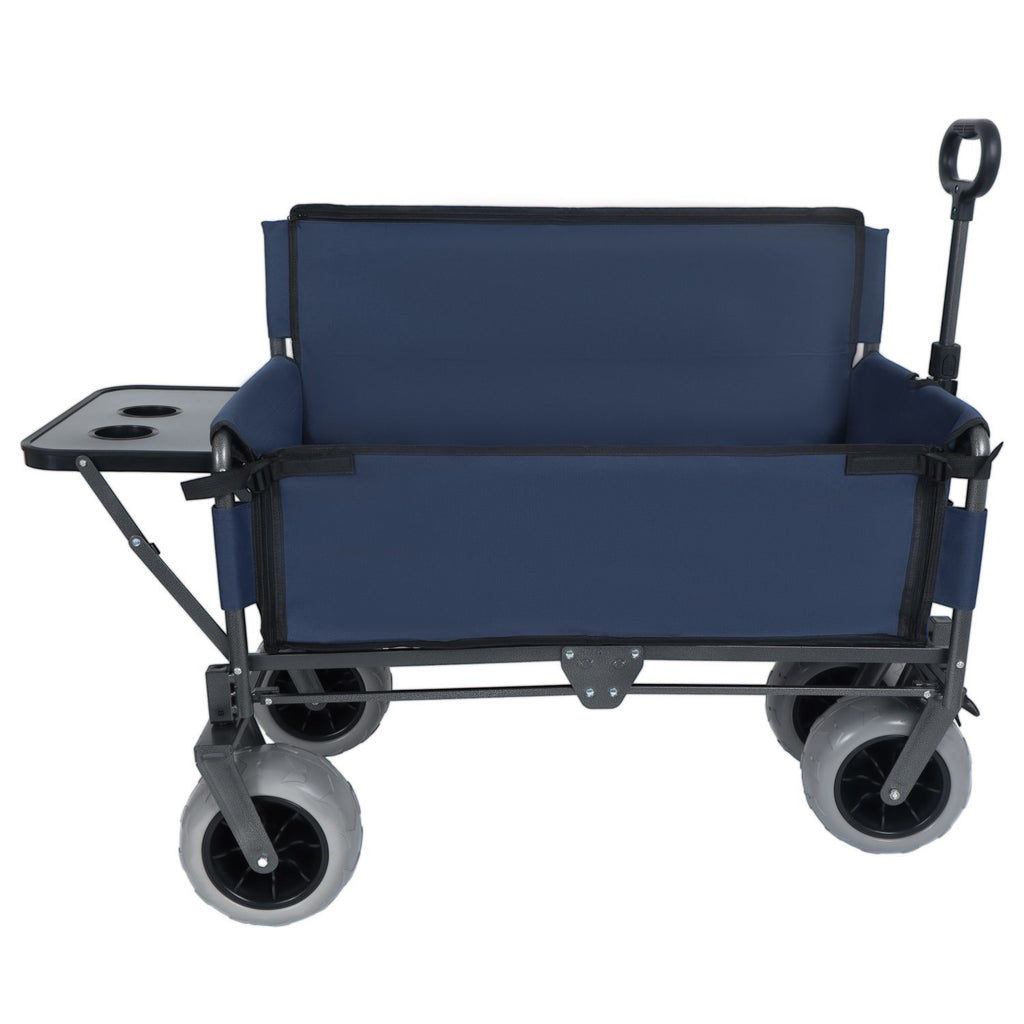 3-in-1 Folding Wagon with Bench Seat & Rear-Mounted Folding Tabletop – 500lbs Capacity, 9"x4" Beach Tires for Camping, Beach, Dark Blue