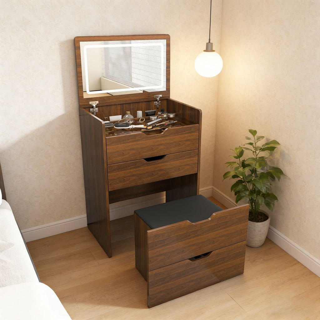 3-in-1 Vanity Desk with Lighted Mirror & Stool, Flip Top Makeup Dressing Table, Compact Storage for Bedroom, Bathroom, Dressing Room(23.62"L, Walnut)