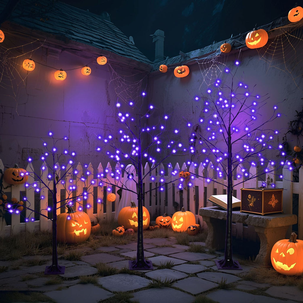 3 Pac Halloween Spooky Tree with Purple Lights, 4FT 5FT and 6FT, Lighted Black Tree for Halloween Decoration