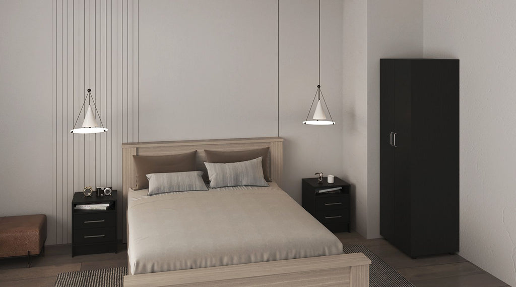3 Piece Bedroom Set, London Armoire + 2 Leyva Nightstands, Black
