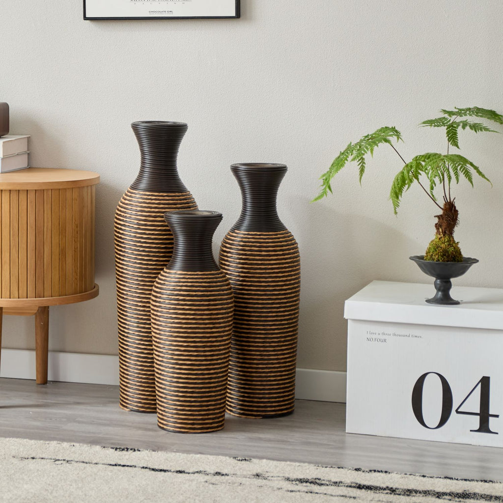3-piece set of beige+black decorative floor vases, classic and neat floor vases with high independent flower racks, artificial vine vases, PVC floor vases, home decoration flower racks