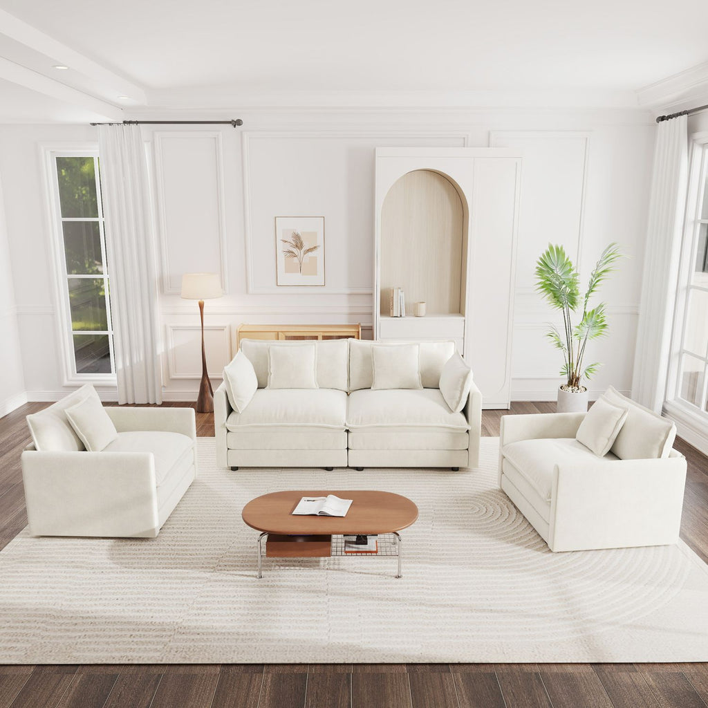 3 Piece Sofa Set with Arm Pillows and Toss Pillows , Sofa Set Include 2- Piece of Arm Chair and One 2-seat Sofa, Space Saving Casual Sofa Set for Living Room, White Chenille