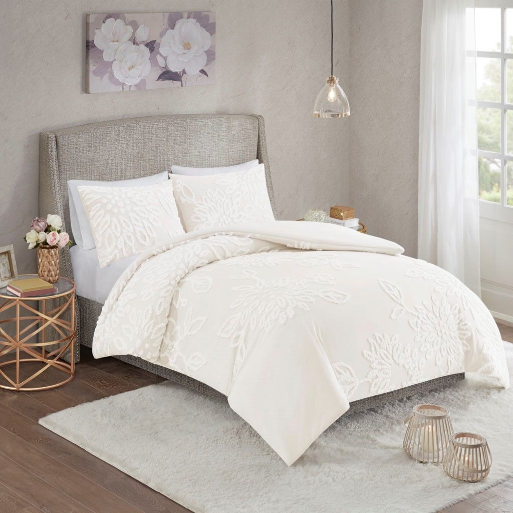 3 Piece Tufted Cotton Chenille Floral Duvet Cover Set