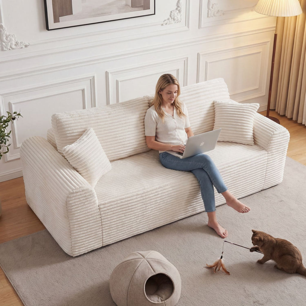 3 Seater Couch, Corduroy Boneless Couches for Living Room,26.4" Cloud Couch with Deep Seat,Comfy Floor Sofa with 2 Pillows,Upholstered Floor Sofa in A Box