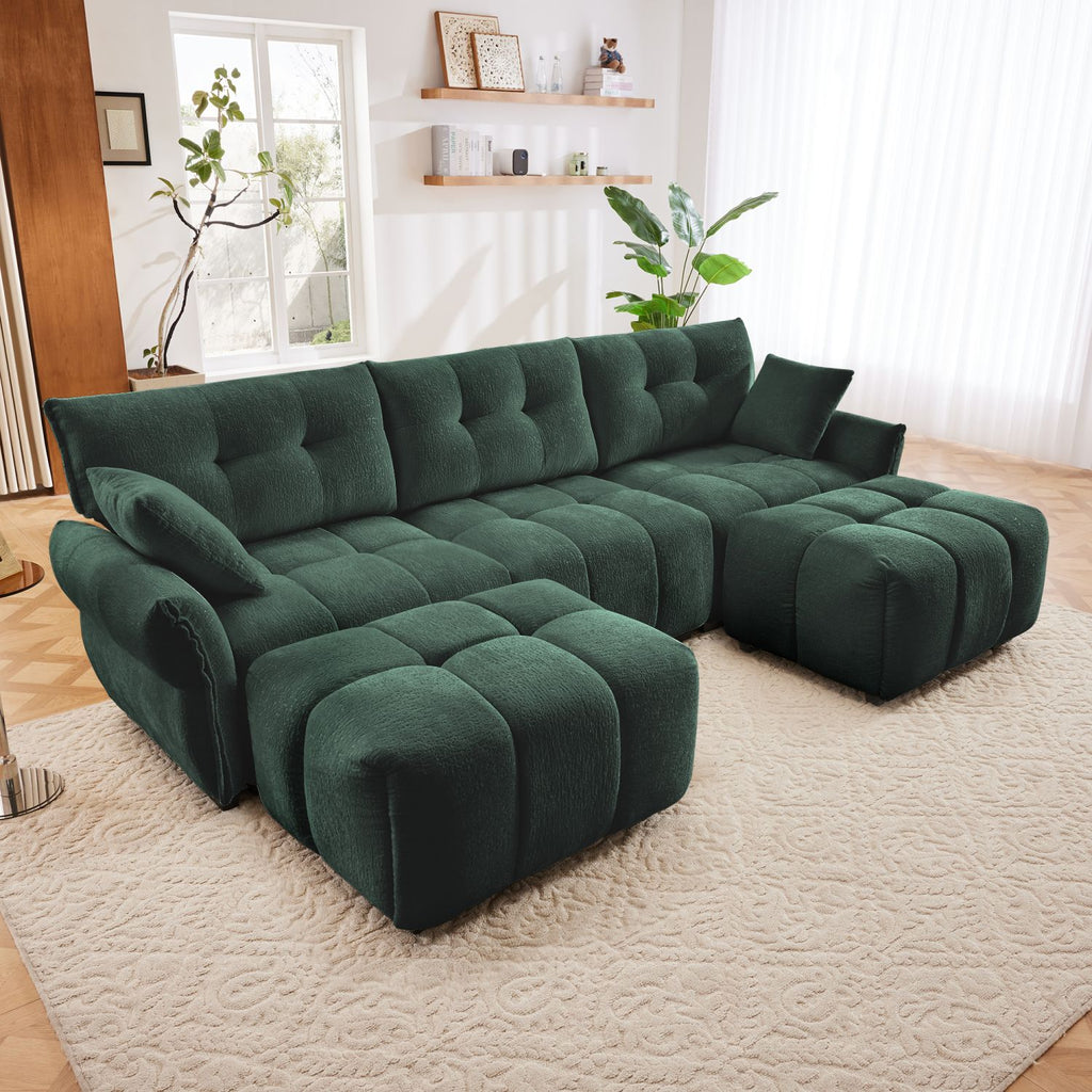 3 Seater Sofa Set With Ottoman And Throw Pillows, Sturdy Solid Wood Frame Couch In Elegant Textured Chenille Fabric, Perfect For Living Rooms, Lounges, Offices Or Hotels In Green
