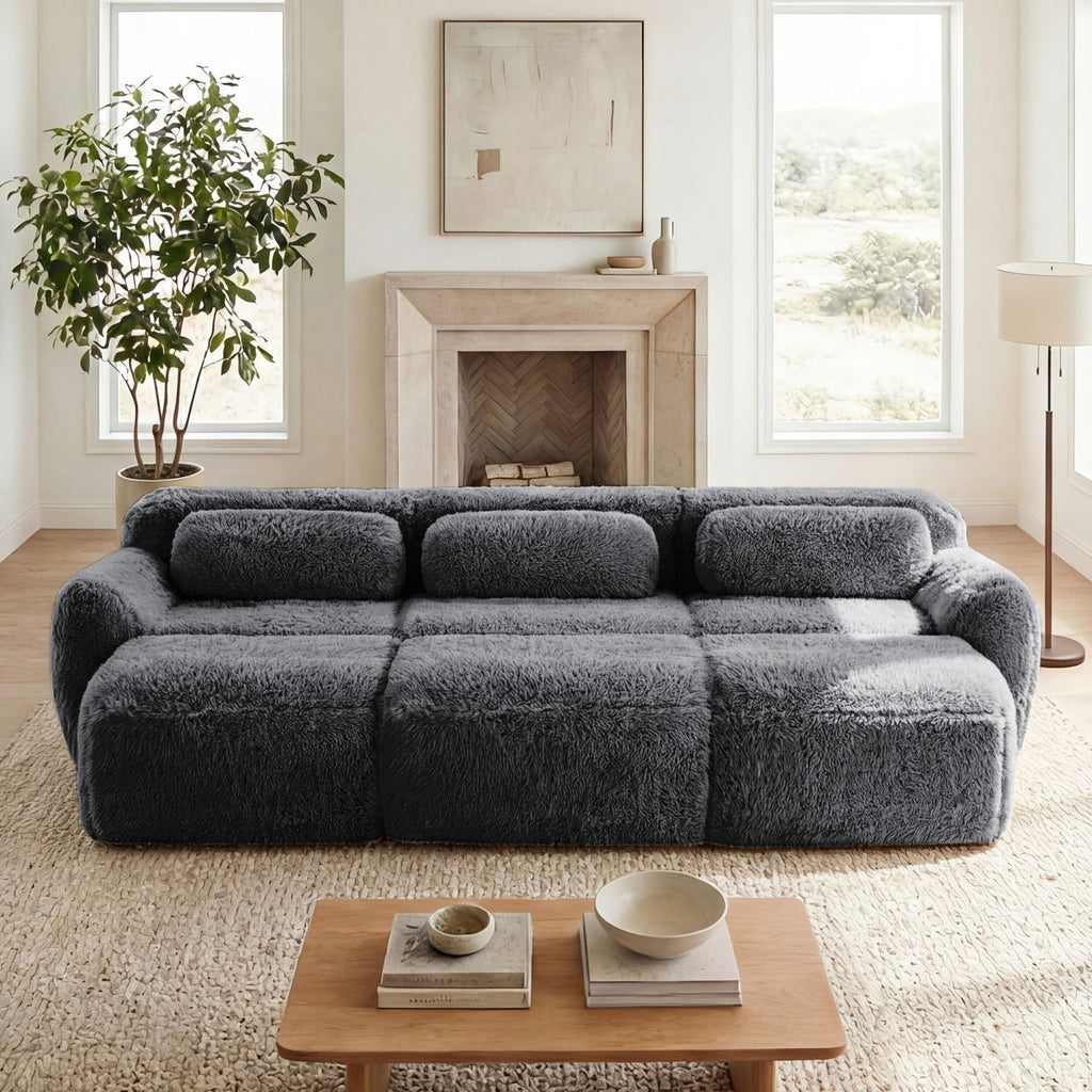 3-Seater Soft Plush Fabric,32D High Density Spong,Movable Ottoman Free Combination,No Assembly Required Bottom Anti-Slip Design,Buckle Connection For Bedroom, Living Room, And Home Theater,Dark Grey