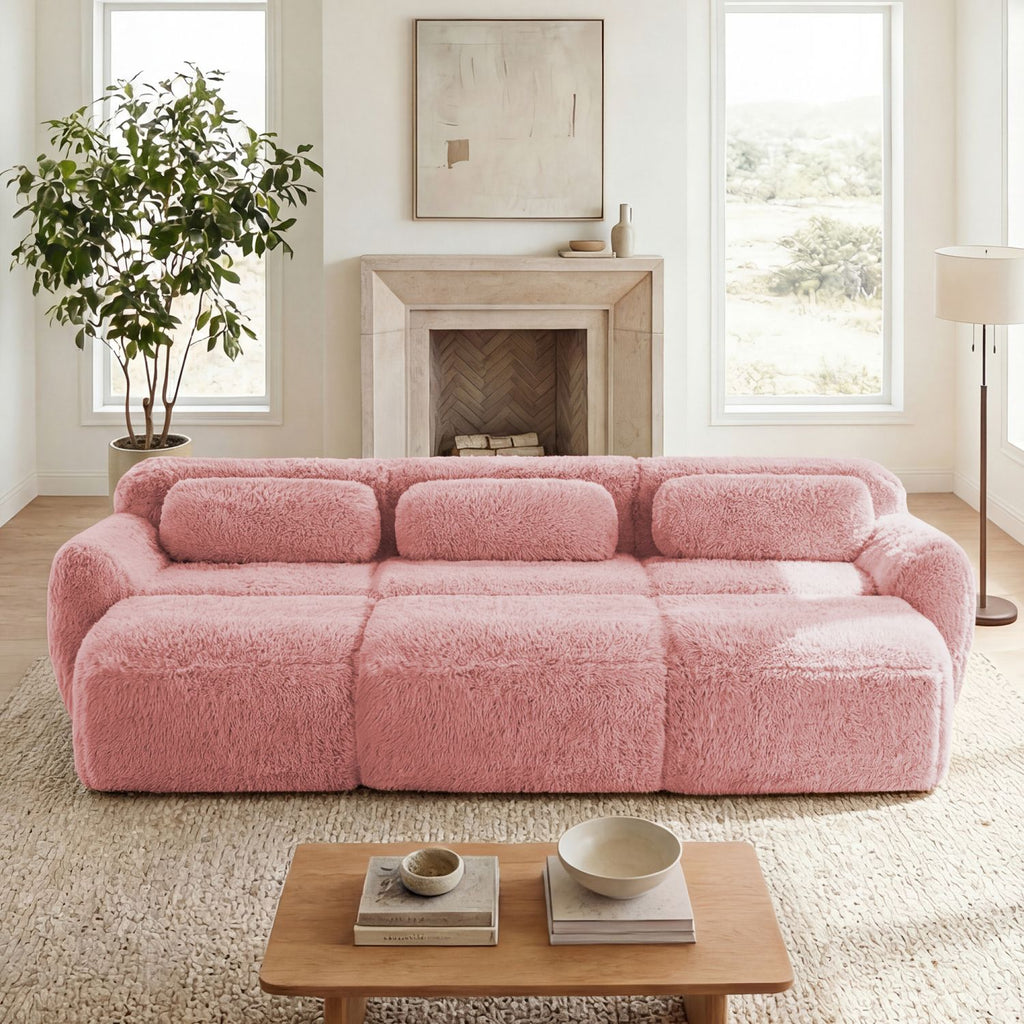 3-Seater Soft Plush Fabric,32D High Density Spong,Movable Ottoman Free Combination,No Assembly Required Bottom Anti-Slip Design,Buckle Connection For Bedroom,Living Room, And Home Theater,Pink