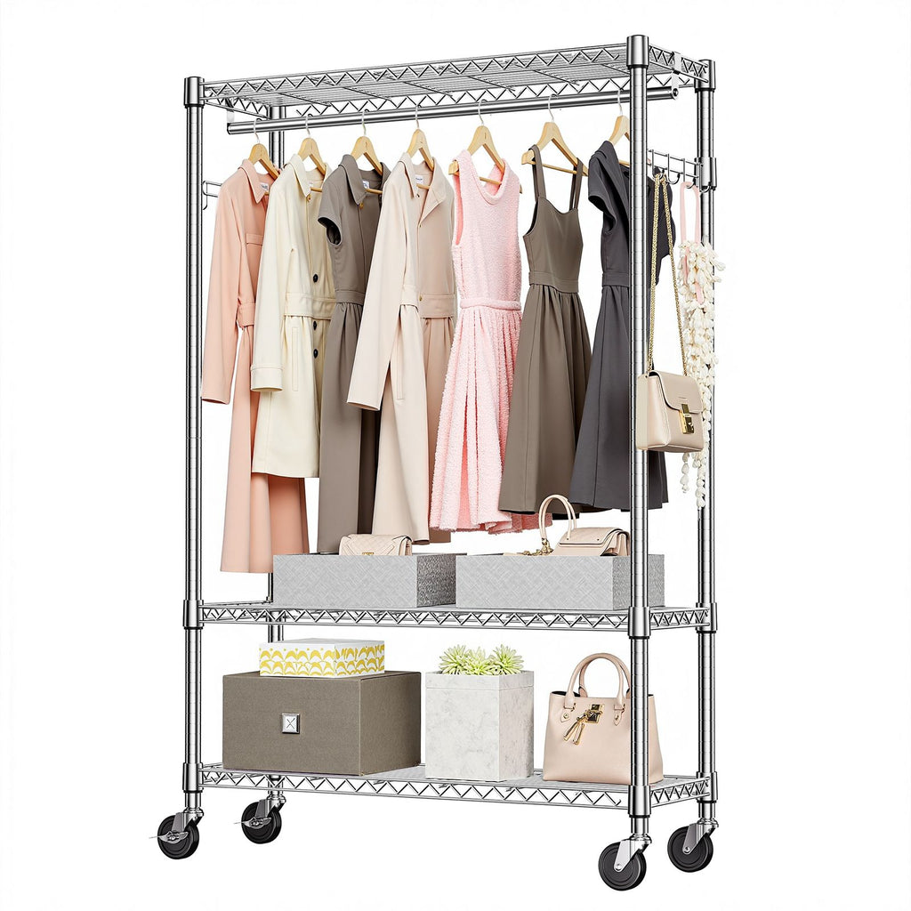 3 Tier Heavy Duty Rolling Garment Rack Wire Clothes Rack for Hanging Clothes, Metal Freestanding Closet Wardrobe with 1 Rods and Wheels Black Chrome 15.7" D x 45.3" W x 75.6" H