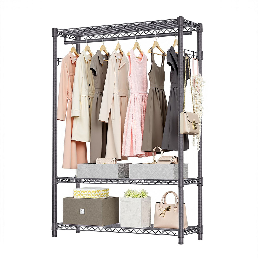 3 Tier Heavy Duty Rolling Garment Rack Wire Clothes Rack for Hanging Clothes, Metal Freestanding Closet Wardrobe with 1 Rods and Wheels Black Chrome 15.7" D x 45.3" W x 75.6" H