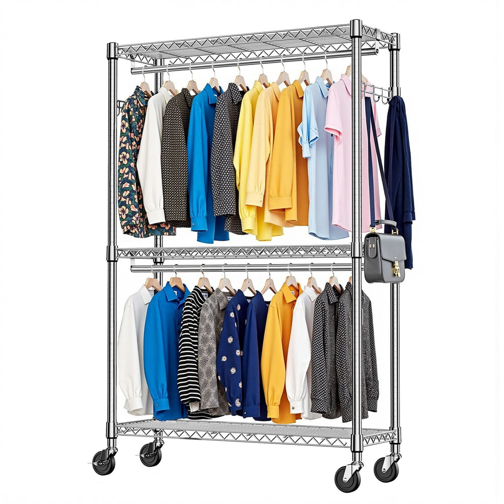 3 Tier Heavy Duty Rolling Garment Rack Wire Clothes Rack for Hanging Clothes, Metal Freestanding Closet Wardrobe with Double Rods and Side Hooks Black 15.7" D x 45.3" W x 79.6" H